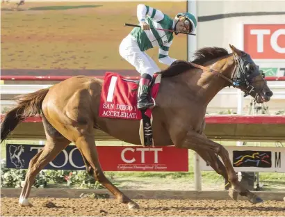  ??  ?? RACING’S BUSTER DOUGLAS. Accelerate causes a major upset when he won the Grade 2 San Diego Handicap at Del Mar on Saturday knocking out the world’s best horse, Arrogate, in the process.