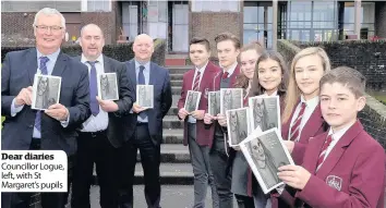  ??  ?? Dear diaries Councillor Logue, left, with St Margaret’s pupils