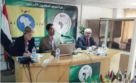  ??  ?? MEDIA MATTERS: Former Reuters correspond­ent and editor, Dr Emad Omar, addresses a programme for young African journalist­s hosted by the African Union of Journalist­s in Cairo. On the left is Pretoria News editor Val Boje.