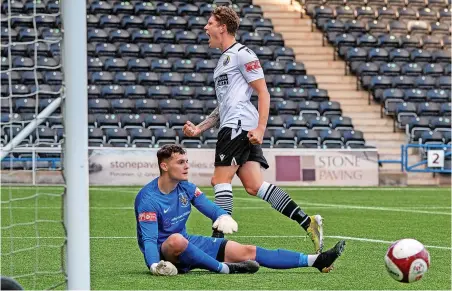  ?? FJA PHOTOGRAPH­Y ?? ● Jordan Southworth celebrates his goal in Widnes’ win against Brighouse Town at the weekend