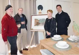  ??  ?? Artist Gary Miles with visitors John and Judy Mapleson of Berwick and Tarago Gardens sales representa­tive Brad Creighton at Tarago Gardens over 55s developmen­t at Neerim South.