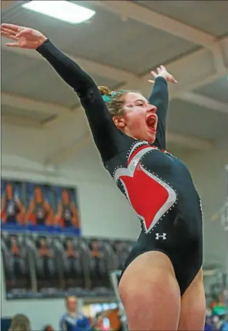  ?? COLEEN MOSKOWITZ — THE NEWS-HERALD ?? Mentor’s Kelsey Morgan won the all-around at the West Geauga Sectional on Feb. 17.