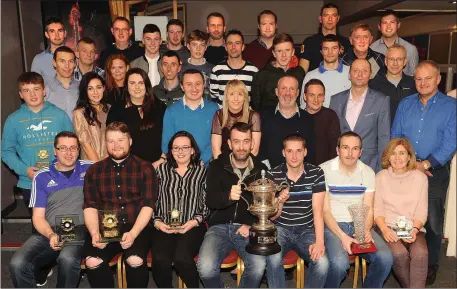  ??  ?? At the presentati­on of prizes of the Gleneagle Squash Club Christmas competitio­n Gleneagle O’Donoghue Cup were seated from left: Ray O’Callaghan, Eoin Horan (Gleneagle Aquila Club), Zoe McHale, ladies winner, Eamon O’Donoghue (Gleneagle Hotel), Donagh...