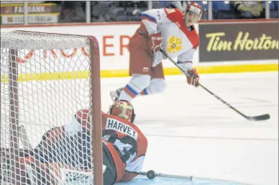  ?? JASON MALLOY ?? Quebec Major Junior Hockey League goalie Samuel Harvey stopped Russian Maxim Rasseykin Tuesday during the CIBC Canada Russia Series in Charlottet­own.