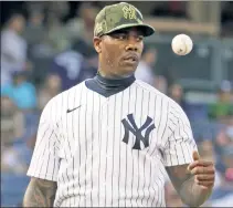  ?? Corey Sipkin ?? NO SAVE: Aroldis Chapman reacts after allowing two runs in a third of an inning Sunday. He was placed on the IL Tuesday with left Achilles tendinitis.