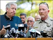  ?? AP/St. Louis Post-Dispatch/DAVID CARSON ?? Missouri Gov. Mike Parson (left) and Stone County Sheriff Doug Rader talk to reporters on Friday at Table Rock Lake about Thursday’s deadly sinking.