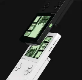  ??  ?? Pocket will be available in both black and white options. The three buttons in the bottom-right corner of the front, which include the home button, are placed to echo the position of the speaker grille on the Game Boy