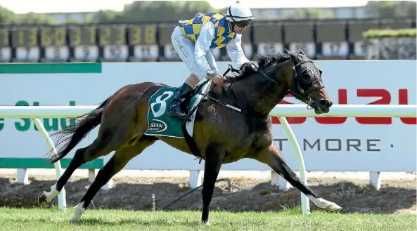  ?? PHOTO: TRISH DUNELL ?? Mark Sweeney and Fanatic power home to easily win the Dunstan Feeds Championsh­ip Qualifier at Te Rapa yesterday.