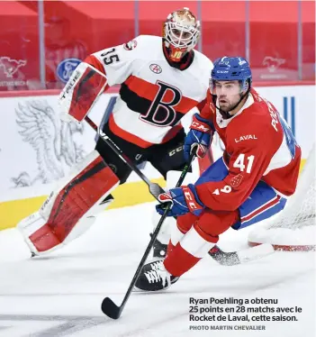  ?? PHOTO MARTIN CHEVALIER ?? Ryan Poehling a obtenu 25 points en 28 matchs avec le Rocket de Laval, cette saison.