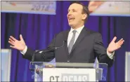  ?? H John Voorhees III / Hearst Connecticu­t Media ?? U.S. Sen. Chris Murphy accepts his party’s nomination to run for a second term at Friday’s State Democratic Convention in Hartford.