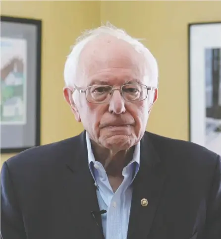  ?? BERNIE SANDERS PRESIDENTI­AL CAMPAIGN / AFP VIA GETTY IMAGES ?? Vermont Senator Bernie Sanders announced the suspension of his presidenti­al campaign on Wednesday,
clearing the way for rival Joe Biden to become the Democratic nominee.