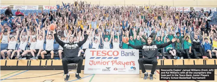  ??  ?? Newcastle Eagles’ Jamaal Williams (front, left) and Kai Williams with all the youngsters who took part in the Tesco Bank Junior Players Primary School Basketball Tournament