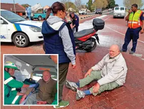  ?? George Herald Photos: Michelle Pienaar ?? When editor Lizette da Silva (left) arrived on the accident scene, journalist Myron Rabinowitz was sitting in the middle of the road. INSET: Getting special attention from Metro paramedics.