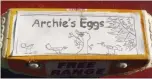  ??  ?? Archie's hand-made labels, celebratin­g the hens that laid the eggs.