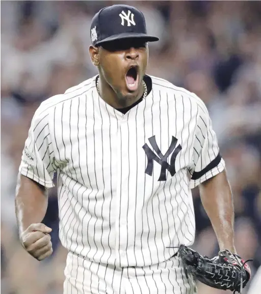  ?? FOTO EFE | DISEÑO JULIO ANÍBAL RAMÍREZ ?? El dominicano Luis Severino, de los Yanquis de Nueva York, reacciona luego de su actuación ante los Indios de Cleveland este lunes, en el partido de las eliminator­ias de las Series de la División de la Liga Americana.