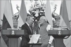  ?? SONU MEHTA/HT ?? Prime Minister Narendra Modi and Russian President Vladimir Putin, in New Delhi on Friday.