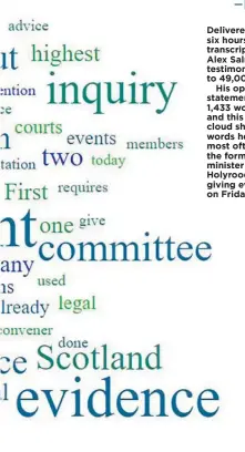  ??  ?? Delivered over six hours, the transcript of Alex Salmond’s testimony stretches to 49,000 words. His opening statement was 1,433 words long, and this word cloud shows the words he used most often. Inset, the former first minister leaves Holyrood after giving evidence on Friday night