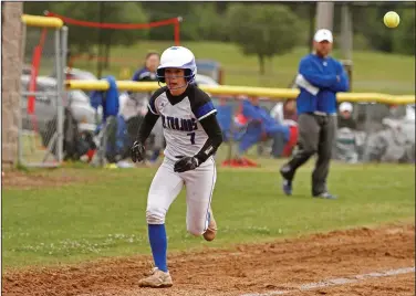  ?? Terrance Armstard/News-Times ?? Bang-bang play: Parkers Chapel's Kenlee McAuliffe races the ball to the plate in action against Bradley. The Lady Trojans edged the Lady Bears 8-7 Saturday in Parkers Chapel.