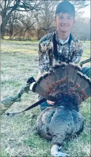  ?? ?? Talan Fairless shows his turkey kill in his final youth turkey hunt.
Submitted Photo