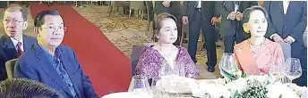  ??  ?? GUESTS OF HONORForme­r president and now Pampanga Rep. Gloria Macapagal Arroyo (center) hosts a welcome dinner for Cambodian Premier Hun Sen and Myanmar State Counsellor Aung Saan Suu Kyi at the Midori Clark Hotel and Casino at Clark Freeport, Pampanga on Saturday.