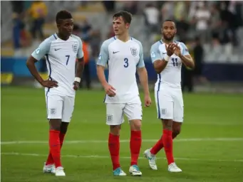  ??  ?? Demarai Gray, Ben Chilwell and Nathan Redmond after the final whistle (PA)