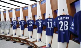  ?? Photograph: Darren Walsh/Chelsea FC/Getty Images ?? Chelsea shirts in the changing room at Wembley before the FA Cup final in August 2020.
