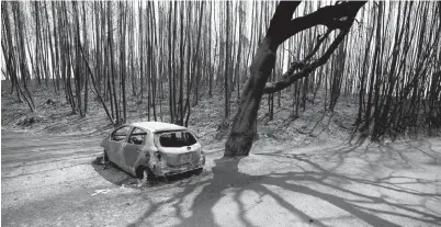  ?? — Gambar Reuters ?? SEBUAH kereta tinggal rangka manakala pokok-pokok di sekeliling­nya turut hangus setelah kebakaran hutan berlaku dekat Pedrogao Grande, kelmarin.