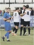  ??  ?? Pagham celebrate scoring against CDG Picture: Roger Smith