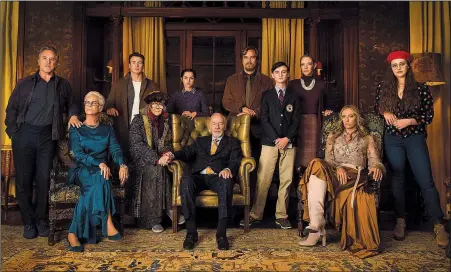  ??  ?? The “all-star” cast of Rian Johnson’s throwback murder mystery Knives Out consists of, from left to right, Don Johnson as Richard, Jamie Lee Curtis as Linda Drysdale, Chris Evans as Ransom Drysdale, K Callan as Greatnana, Ana de Armas as Marta, Christophe­r Plummer as Harlan, Michael Shannon as Walt, Jaeden Martell as Jacob, Riki Lindhome as Donna, Toni Collete as Joni and Katherine Langford as Meg.