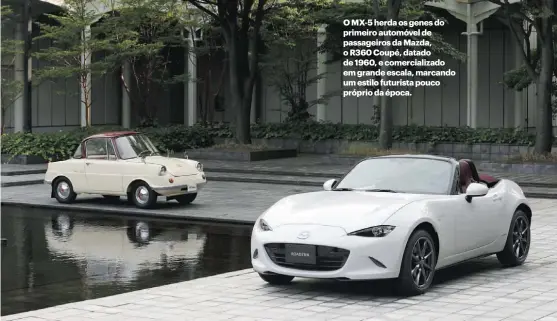  ??  ?? O MX-5 herda os genes do primeiro automóvel de passageiro­s da Mazda, o R360 Coupé, datado de 1960, e comerciali­zado em grande escala, marcando um estilo futurista pouco próprio da época.