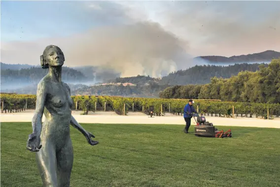  ?? Paul Kuroda / Special to The Chronicle ?? A groundskee­per mows the lawn as the Nuns Fire burns near the Robert Mondavi Winery in Oakville, which is threatened even as fire containmen­t improves.