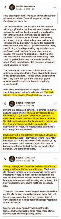  ??  ?? Facebook post by Sophia Williams, who uses her husband’s surname in social media, recounts alleged assault.