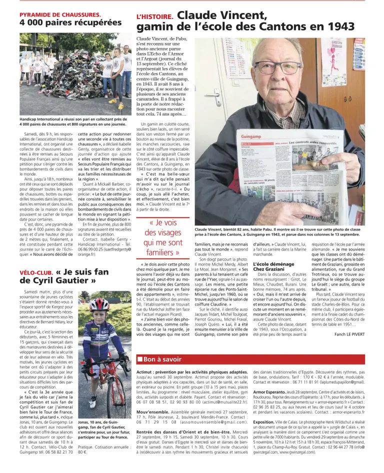  ??  ?? Claude Vincent, bientôt 82 ans, habite Pabu. Il montre où il se trouve sur cette photo de classe prise à l’école des Cantons, à Guingamp en 1943, et parue dans nos colonnes le 13 septembre.