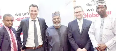  ??  ?? From left: General Manager Liquiefiel­d Petroleum Gas (LPG) Auwalu Abdullahi Rano (AA Rano) Nig. Ltd, Ghali Mustapha; Trafigura PTE LTD Official, Samuel Peppiait; Chief Operating Officer AA Rano Nig. Ltd, Mumuni Dagazau; Official of Trafigura PTE
LTD, Mark Russell; General Manager Procuremen­ts, AA Rano Nig. Ltd, Aminu Ahmed Ado, at the Oil Trading and Logistics (OTL) 2019 African Downstream Week in Lagos sponsored by AA Rano Nigeria Ltd, recently.