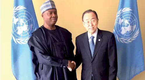  ??  ?? Senate President, Dr Abubakar Bukola Saraki with Secretary General of United Nations, Ban Ki Moon at the 1st day of the 4th United Nations Conference for Parliament­ary Heads in New York