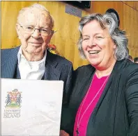  ?? SUBMITTED PHOTO ?? Rev. Francis W.P. Bolger, who died suddenly on Thursday, is widely considered to be the dean of Island history and a cultural icon. The funeral will be Tuesday. He is shown here recently with Sister Sue Kidd, chaplain of UPEI.