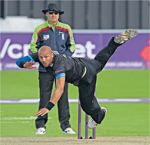 ??  ?? Explosive: Tymal Mills, here taking a tumble in his delivery stride, hopes the one-off Twenty20 internatio­nal against Sri Lanka will help him earn some lucrative deals