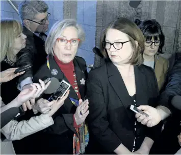  ?? JUSTIN TANG/ THE CANADIAN PRESS ?? Indigenous Affairs Minister Carolyn Bennett, left, and Indigenous Services Minister Jane Philpott speak to reporters after meetings with the family of Colten Boushie, on Parliament Hill in Ottawa on Monday.