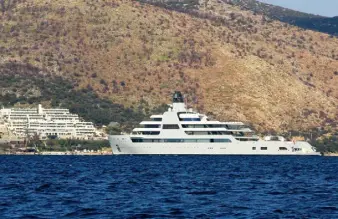  ?? IHLAS News Agency/afp via Getty Images ?? Bermuda-flagged luxury yacht “My Solaris,” belonging to Russian oligarch Roman Abramovich, sails near the Aegean coastal resort on Bodrum, in Mugla, southwest of Turkey on Monday.