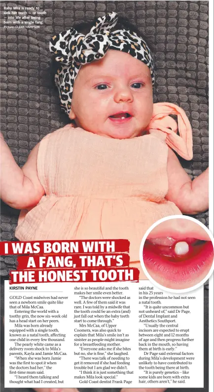  ?? Picture: GLENN HAMPSON ?? Baby Mila is ready to sink her teeth — or tooth — into life after being born with a single fang.