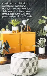  ??  ?? Check out the Loft Living collection at Sainsbury’s Home, in selected stores for style steals: Loft Living table lamp, £35; pouffe, £35; and plants and pots from £5 each.