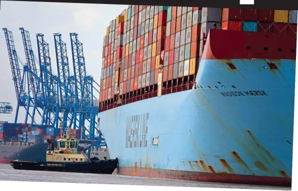  ??  ?? Giant: The Madison Maersk docking at Felixstowe to unload its 18,000 containers Picture: ROLAND HOSKINS