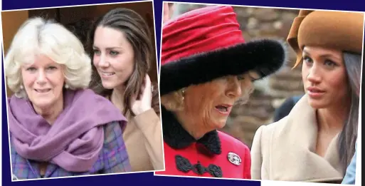  ??  ?? An older woman’s discreet word of advice: The Duchess of Cornwall with Meghan Markle (right) and with the Duchess of Cambridge (left)