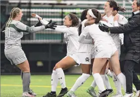  ?? Lori Van Buren / Times Union ?? Siena players celebrate after beating Monmouth 4-2 in penalty kicks on Friday to claim the program’s third MAAC championsh­ip.