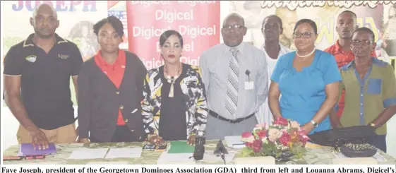  ??  ?? Faye Joseph, president of the Georgetown Dominoes Associatio­n (GDA) third from left and Louanna Abrams, Digicel’s Events and Sponsorshi­p executive with officials of the GDA at yesterday’s launch.