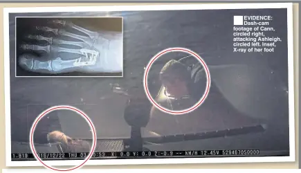  ??  ?? EVIDENCE: Dash-cam footage of Cann, circled right, attacking Ashleigh, circled left. Inset, X-ray of her foot