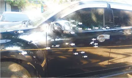  ?? / CONTRIBUTE­D FOTO ?? OVERKILL? Forty bullets hit the car of PO3 Ryan Martus Quiamco during a police operation that led to the death of the suspected drug personalit­y and his wife.