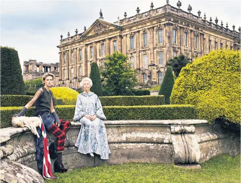  ??  ?? The Dowager Duchess of Devonshire with Stella Tennant at Chatsworth in 2006, above; the quirky jumpers embroidere­d by the 11th Duke of Devonshire, right; a hat by Madame Vernier from 1965, owned by Debo, left; and Lord Charles Cavendish and Adele...