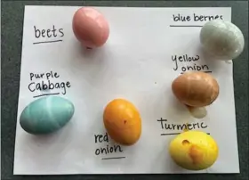  ?? PHOTO COURTESY OF STONY CREEK METROPARK ?? Onions, beets, tea and blueberrie­s are just some of the things that can be used to make natural Easter egg dye.