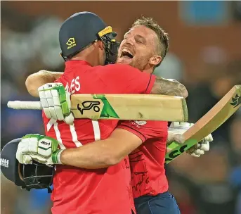  ?? Photo: ICC ?? England opener Alex Hales and Jos Buttler celebrate their historic partnershi­p in their 10-wicket over India in the T20 World Cup in Adelaide, Australia, on November 10, 2022 .